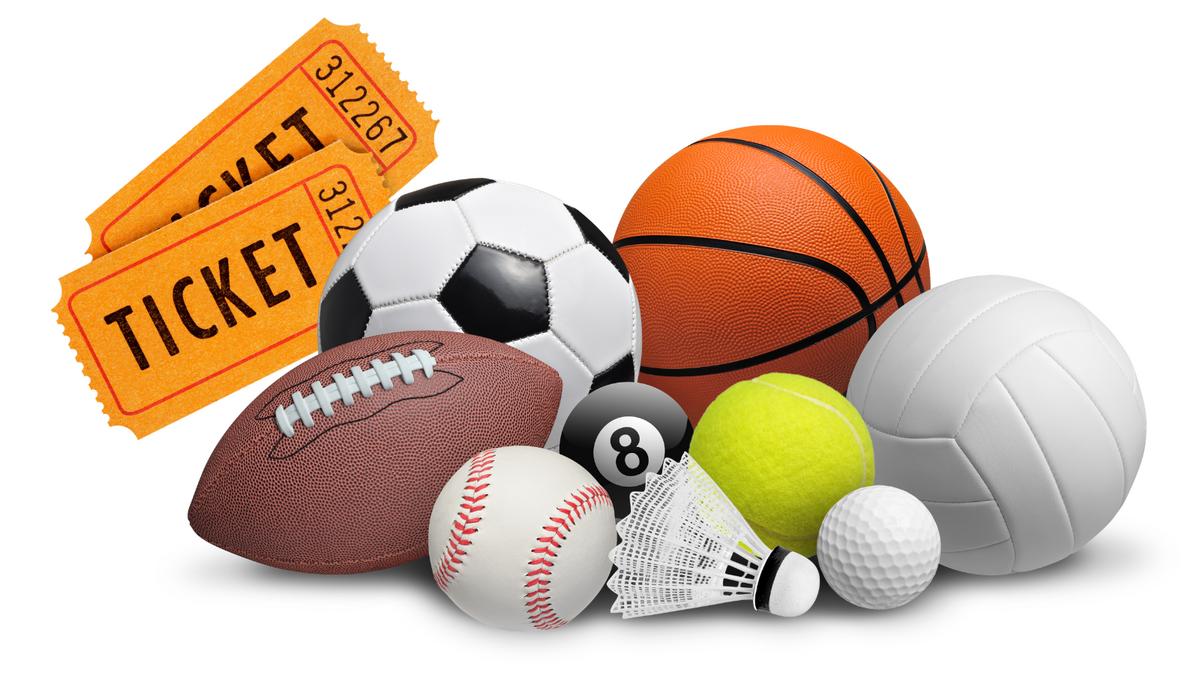 link to online ticketing page, photo of tickets and sports equipment
